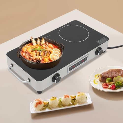 2200W Double Burner Electric Cooktop, 2-Burner Induction Stove with 99-Min Timer & Child Lock, 9 Power Settings, Portable Electric Stove for Kitchen, RV, Apartment Cooking (Silver)