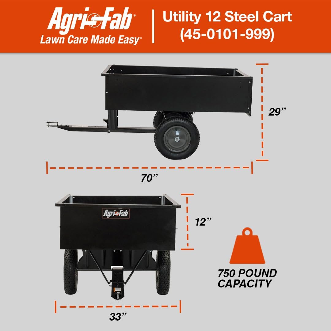 Agri-Fab 45-0101 Steel Utility Lawn & Garden Dump Cart, For Riding Lawn Mowers, 12 cu ft/750# Capacity; 16' Pneumatic Wheels, Easy Foot-Lever Dumping