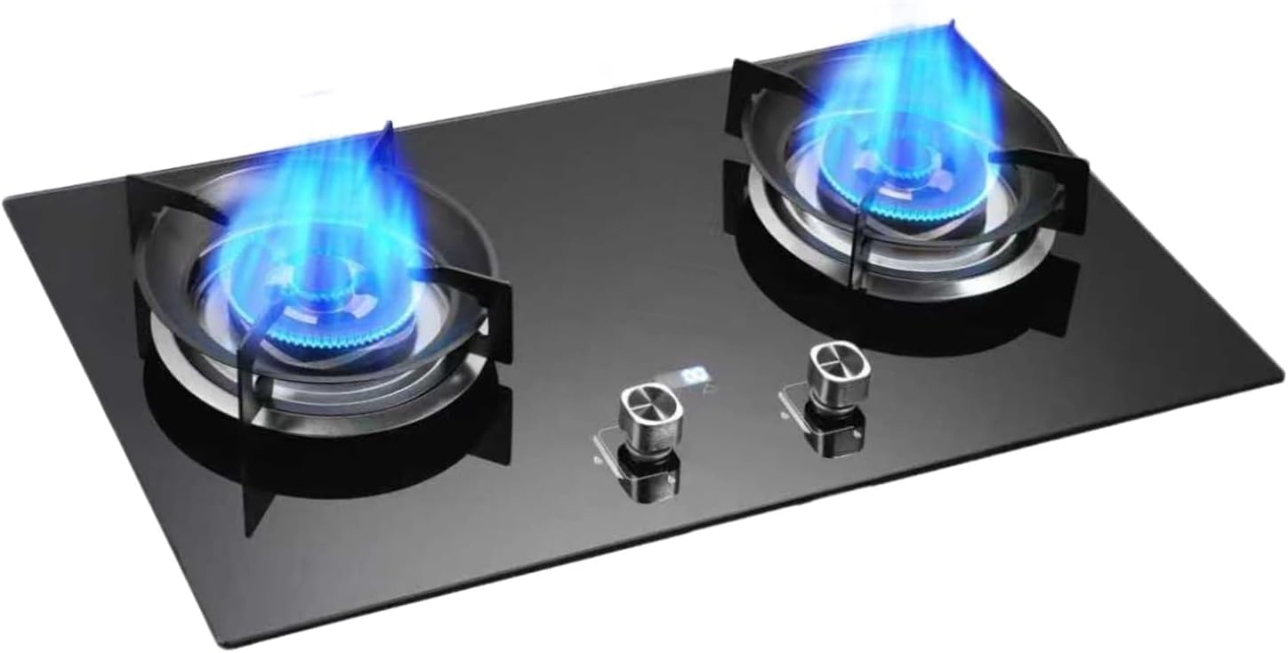 Portable Gas Stove,4.2kW Fire Ring Cooktop 2 Burners,Tempered Glass Freestanding Cooktop,Round Prevent Skidding Pot Rack,with Flameout Protection(LPG)