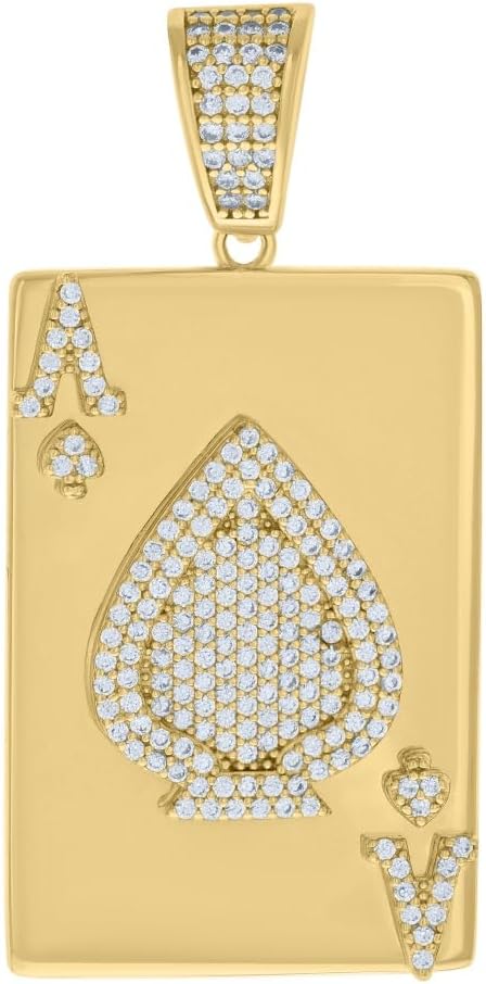 925 Sterling Silver Yellow-Tone Cubic Zirconia Ace Of Spade Playing Cards Gambling Pendant