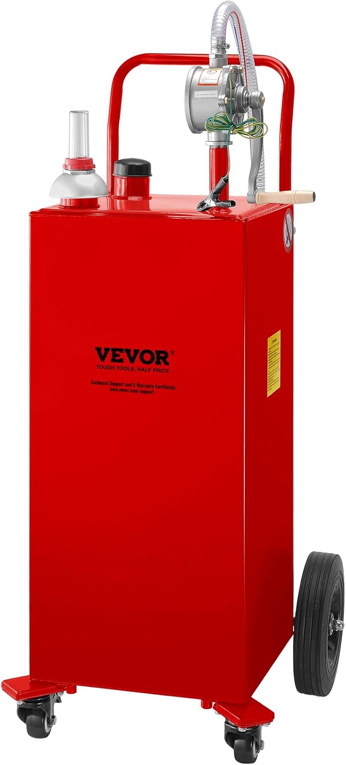VEVOR 30 Gallon Fuel Caddy, Gas Storage Tank & 4 Wheels, with Manual Transfer Pump, Gasoline Diesel Fuel Container for Cars, Lawn Mowers, ATVs, Boats, More, Red