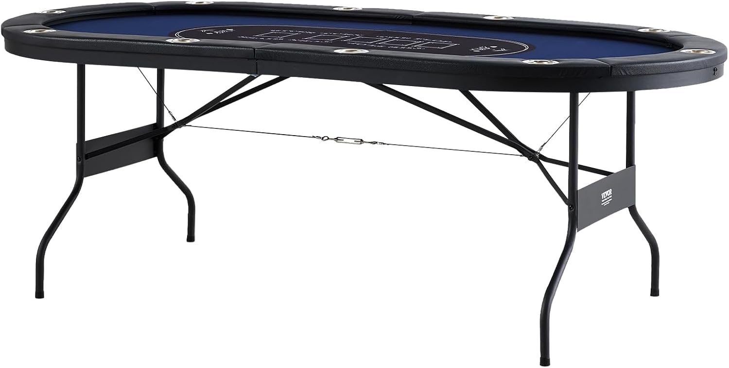 VEVOR 10 Player Poker Table Foldable, Portable Folding Card Board Game Table, Casino Leisure Table, Blackjack Texas Holdem Table with Padded Rails and Stainless Steel Cup Holders,Blue (84 in)