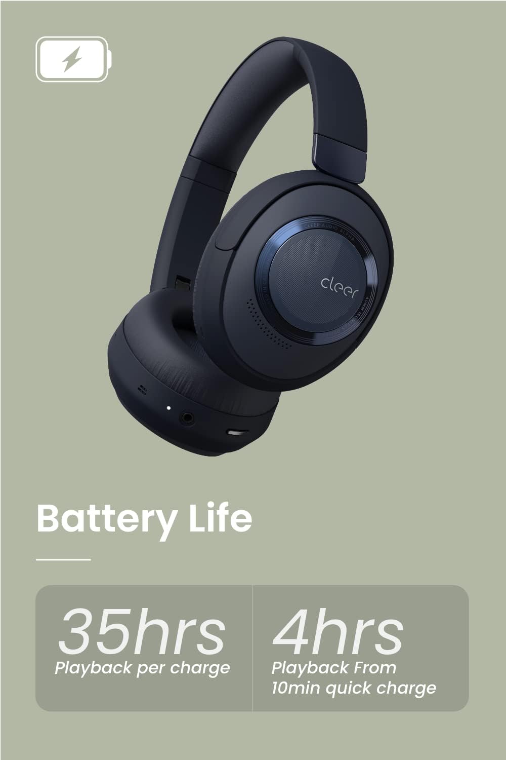 Cleer Alpha Noise Cancelling Bluetooth Headphones, 40mm Ironless Driver, Deep Bass Customize EQs, 35Hr Play, Dual-Mic, Clear Calls, Comfort Fit, Bluetooth 5.1, Hi-Res Wireless Headphone, Midnight Blue