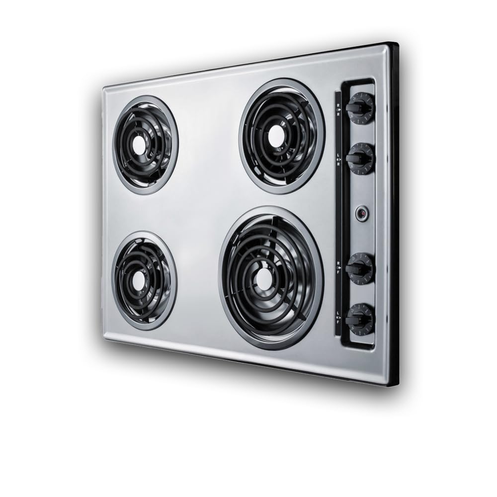 Summit 30' 4 Burner Electric Cooktop. 230 Volt Coil Electric Cooktop, Stainless Steel Look- ZEL05