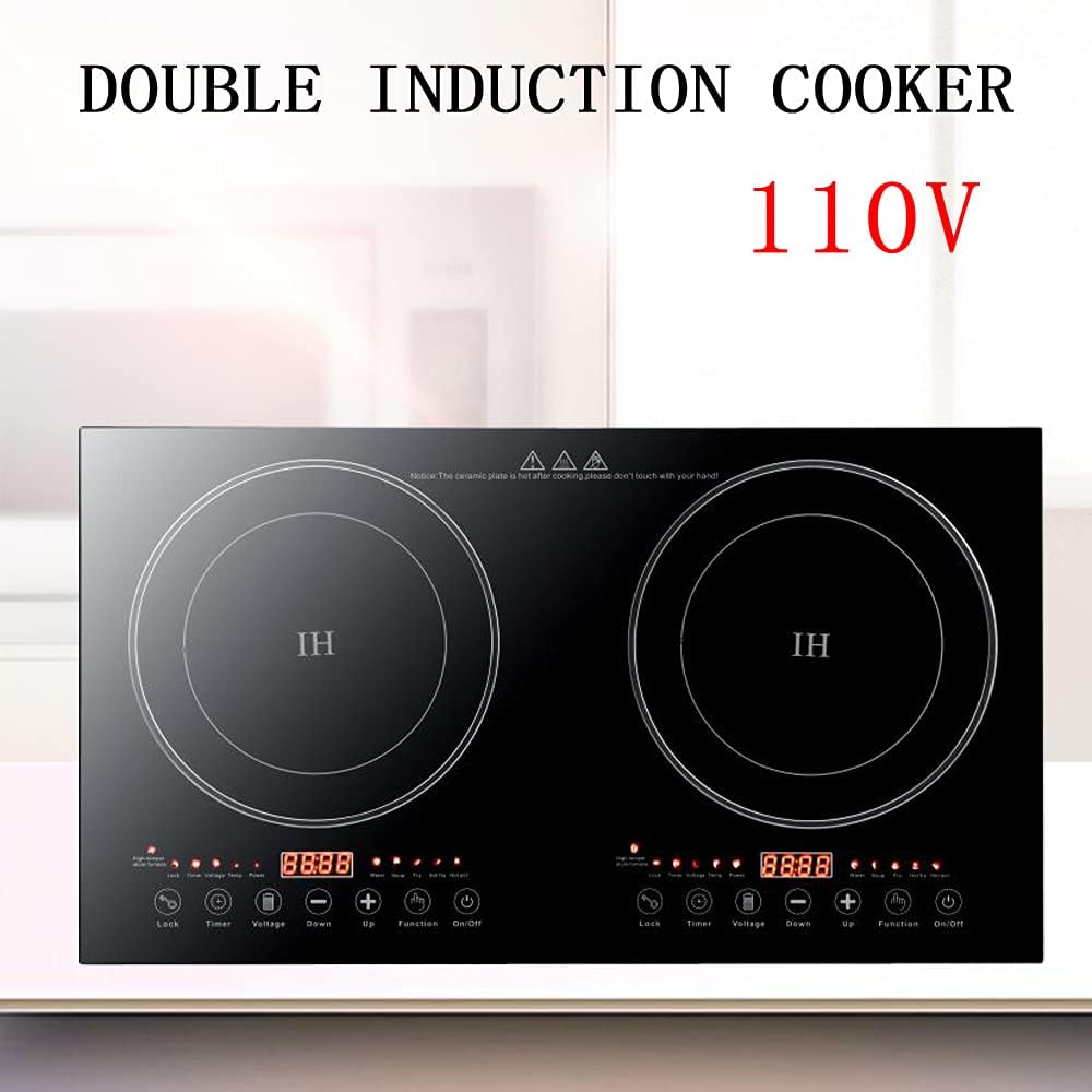 Double Induction Cooktop, Powerful 1200W, 2 Large 8' Heating Coils, Independent Controls, 2 x 18'Shatter-Proof Ceramic Glass Surface,Portable Electric Countertop Double Burner