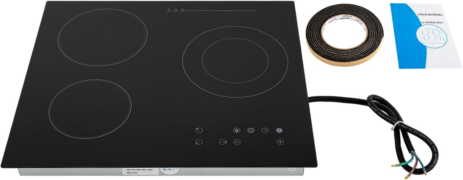 3 Burners Electric Cooktop, 2600W 110V Portable Ceramic Cooktop 23 Inch Built-in Electric Stove Top with LED Display, 9 Heating Level and Kid Safety Lock, Sensor Touch Control (No Plug)