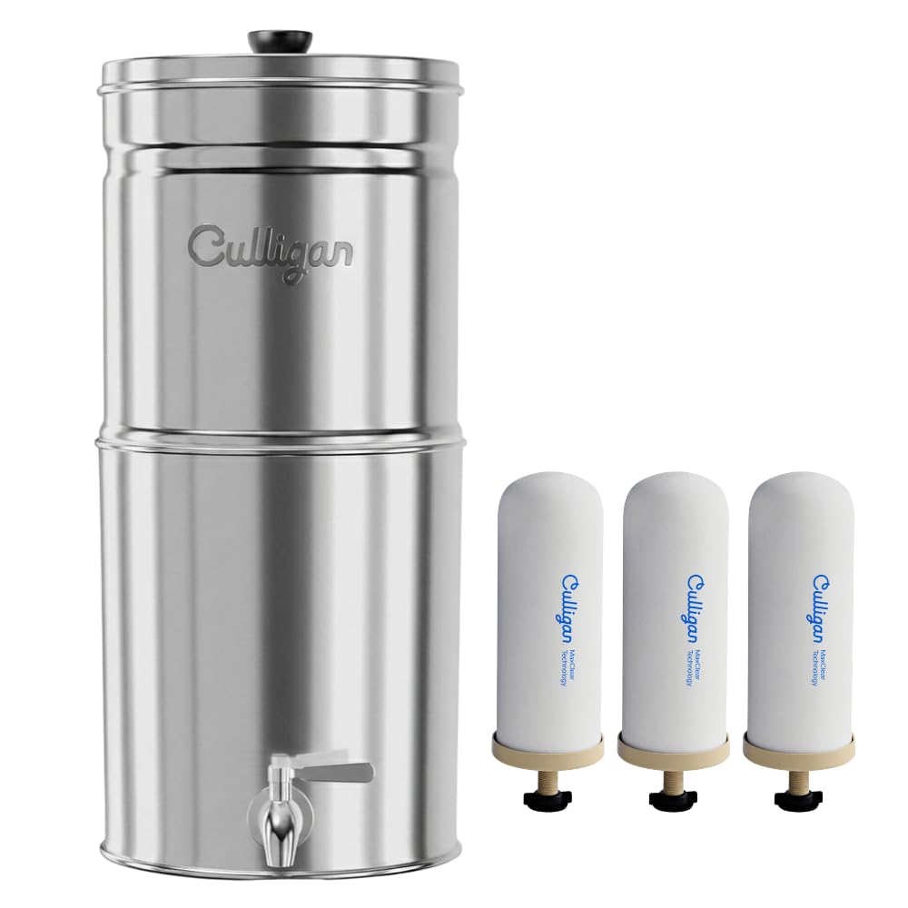 Culligan MaxClear 3 Gallon Gravity Water Filter System Removes Microplastics, PFAS & Lead, NSF/ANSI Certified, Polished Stainless-Steel Countertop Filter with 3 Ceramic Filters