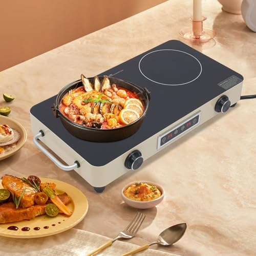 2200W Double Burner Electric Cooktop - 2-Burner Induction Stove with 99-Minute Timer, Child Safety Lock, 9 Power Settings, Portable Electric Stove for Kitchen, RV, Apartment Cooking (Silver)