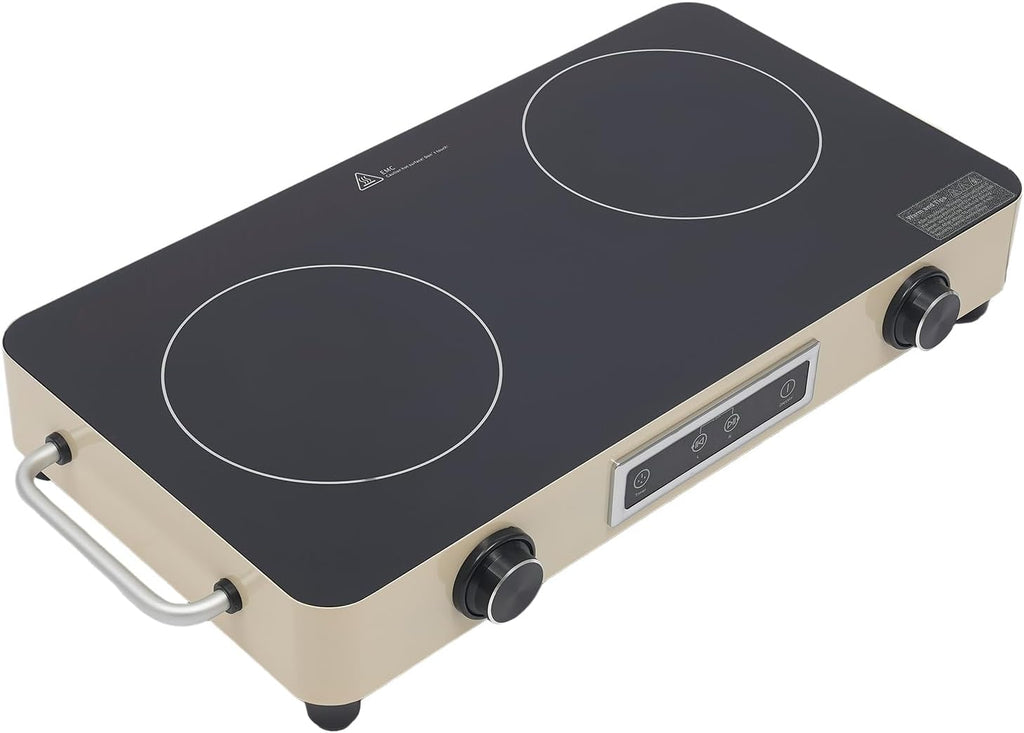 2 Burner Electric Cooktop 1100W Countertop Stove Top with Knob Control 110-120V Plug in Electric Cooktop with Touch Control & Timer for Kitchen, RV, Apartment (Cream Yellow)