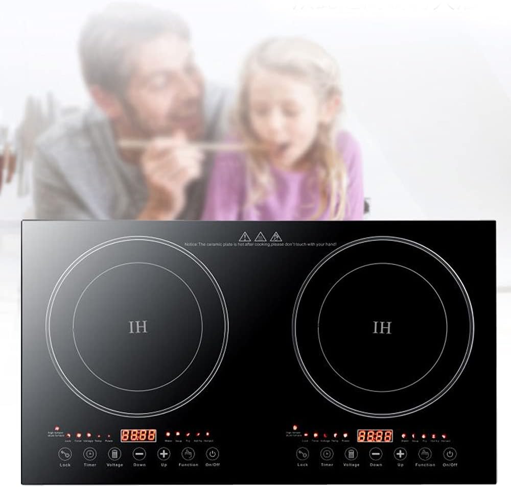 Double Induction Cooktop, Powerful 1200W, 2 Large 8' Heating Coils, Independent Controls, 2 x 18'Shatter-Proof Ceramic Glass Surface,Portable Electric Countertop Double Burner