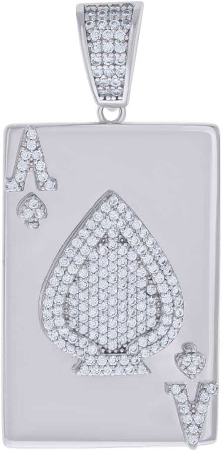 925 Sterling Silver Cubic Zirconia Ace Of Spade Playing Cards Gambling Charm Pendant