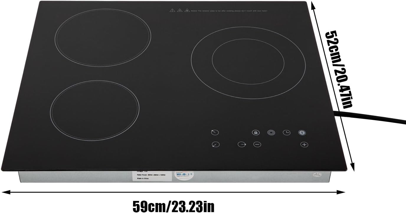 Electric Ceramic Cooktop 24 Inch, 3 Burners Electric Stove Top, 110V 2600W Coutertop & Built-in Kitchen Stove Top with Child Safety Lock & Timer, Touch Control Electric Cooktop (No Plug）