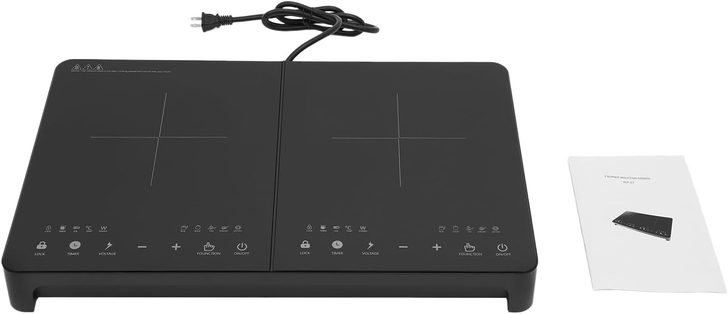 Double Induction Cooktop Burner with LED Display, 110V Quick Setting Function Portable Dual Induction Cooker Cooktop with Child Safety Lock & Time
