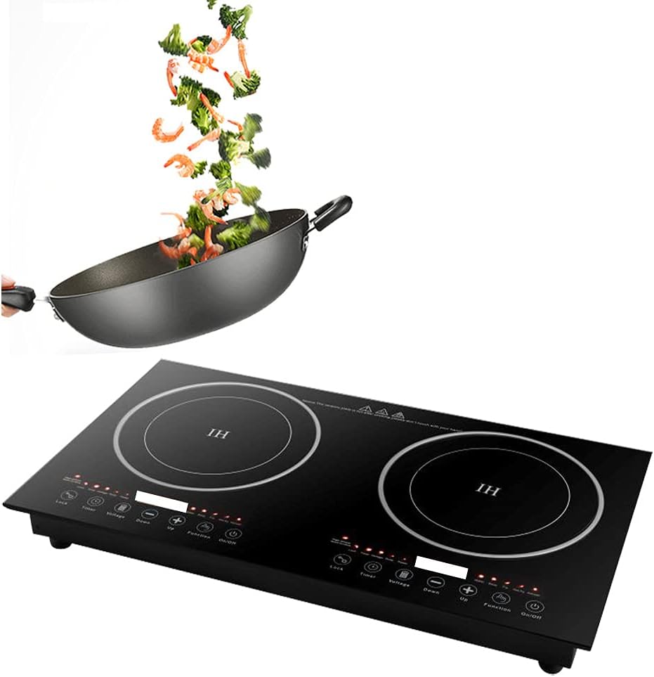 Double Induction Cooktop, Powerful 1200W, 2 Large 8' Heating Coils, Independent Controls, 2 x 18'Shatter-Proof Ceramic Glass Surface,Portable Electric Countertop Double Burner