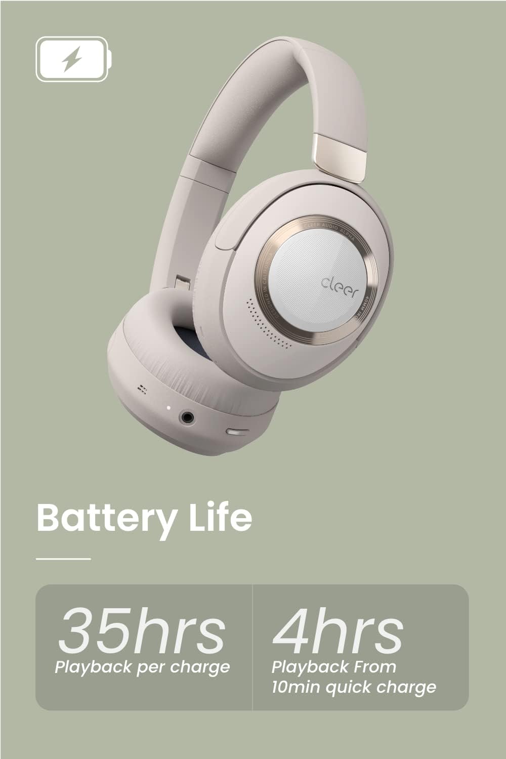 Cleer Audio Alpha Adaptive Active Noise Canceling Bluetooth Headphones, Dual-Microphone, Touch Controls, 35 Hr Battery Life, Multipoint Connection, Dirac Spatial Audio, App, Stone