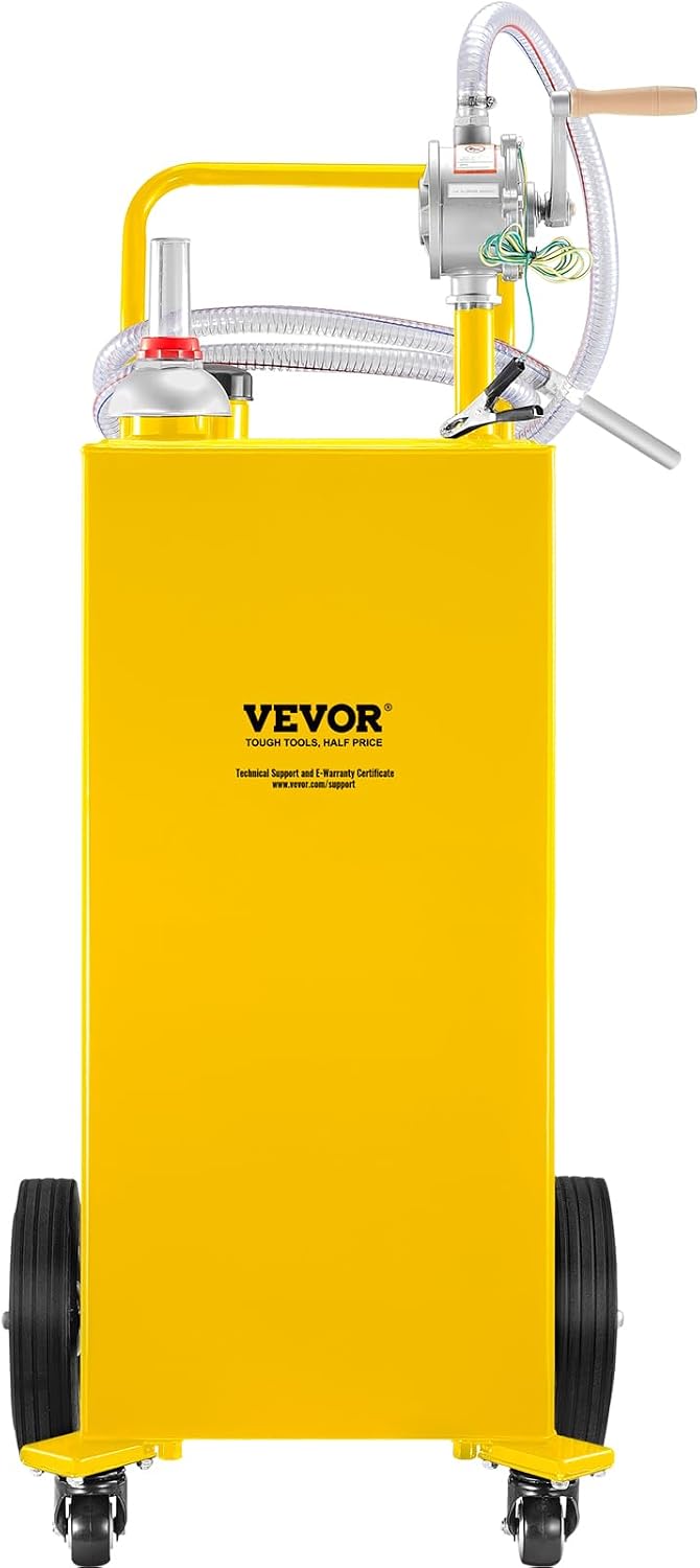VEVOR 30 Gallon Fuel Caddy, Gas Storage Tank & 4 Wheels, with Manual Transfer Pump, Gasoline Diesel Fuel Container for Cars, Lawn Mowers, ATVs, Boats, More, Yellow