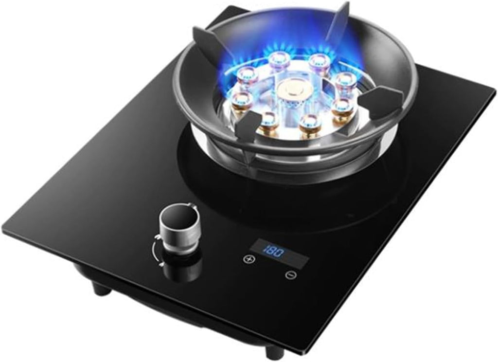 1 Burner Gas Stove,4.8KW 9-Chamber Fire Ring Frying Pan,Tempered Glass Cooktop,with Flameout Protection and Timer,NG/LPG Gas Conversion(NG)