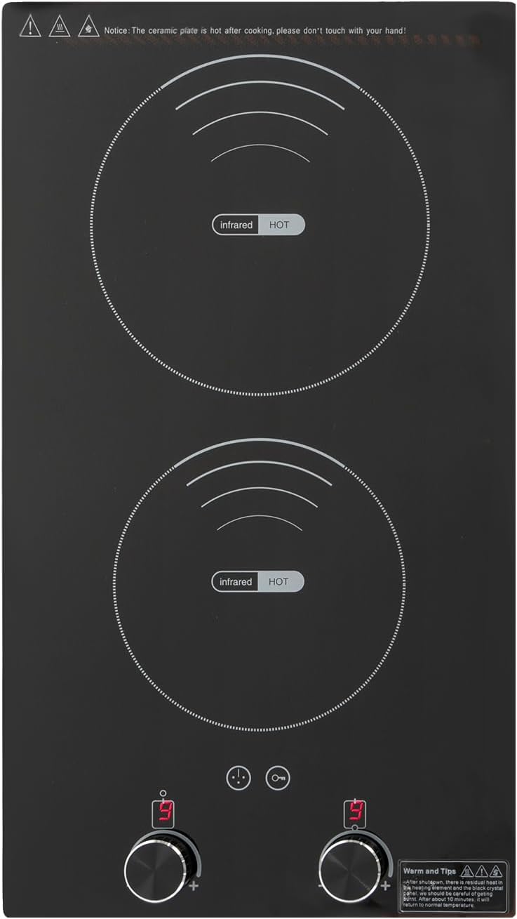 Electric Cooktop, 2000W Double Burner Electric Ceramic Stove Top With Knob Control, Countertop Hot Plate For Cooking, Overheat Protection,10 Gears Power Levels Setting, Compatible With All Cookware