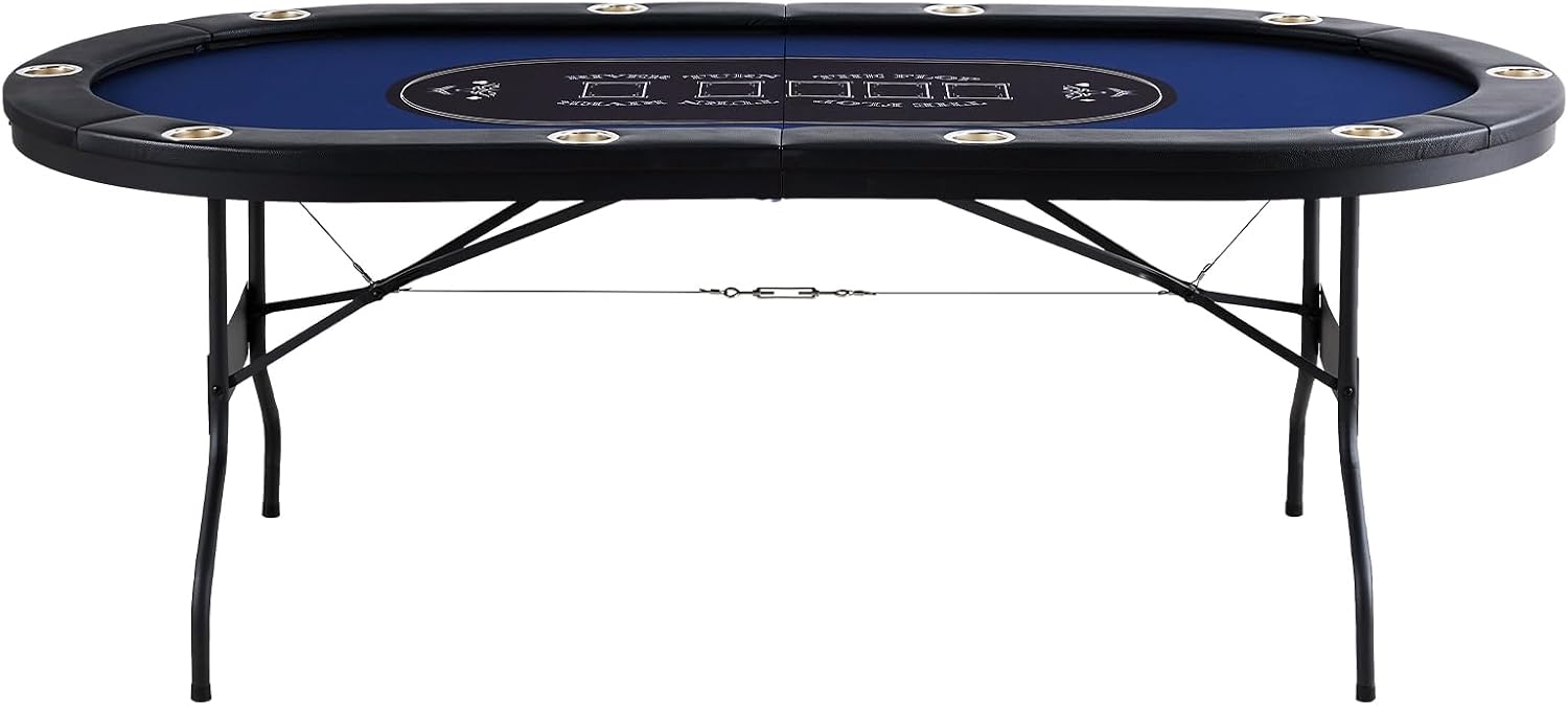 Happybuy 10 Player Foldable Poker Table, 84' Oval Card Table with Padded Rails & Stainless Steel Cup Holders, Portable Blackjack & Texas Hold'em Game Table