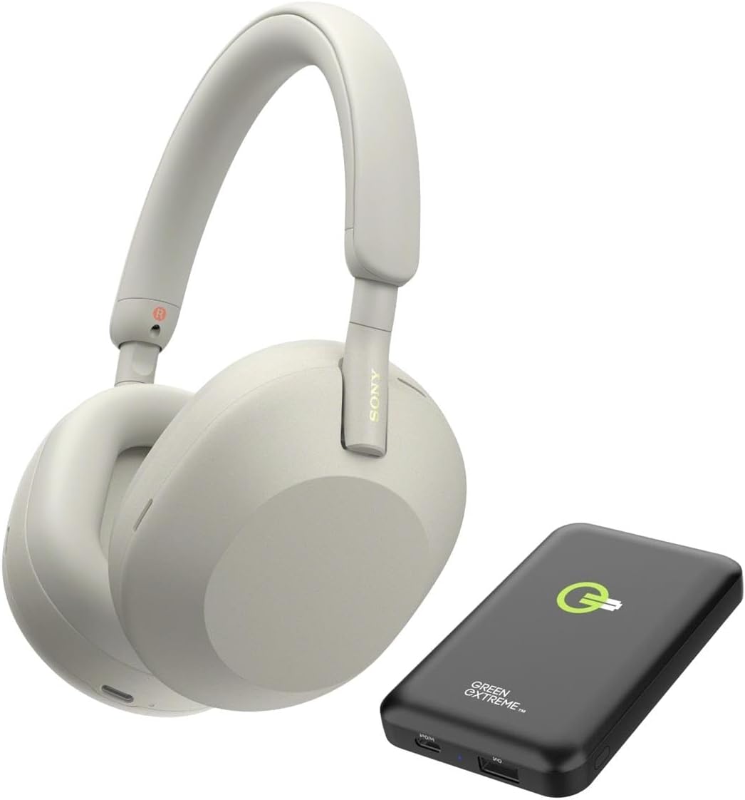 Sony Title WH-1000XM5 The Best Wireless Noise Canceling Headphones with Auto Noise Canceling Optimizer, Crystal Clear Hands-Free Calling, and Alexa Voice Control, Silver, with Stand, P-Bank