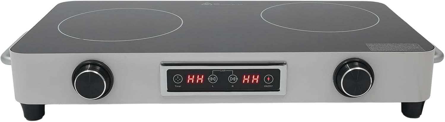 2 Burner Electric Cooktop 1100W Countertop Stove Top with Knob Control 110-120V Plug in Electric Cooktop with Touch Control & Timer for Kitchen, RV, Apartment (Silver)