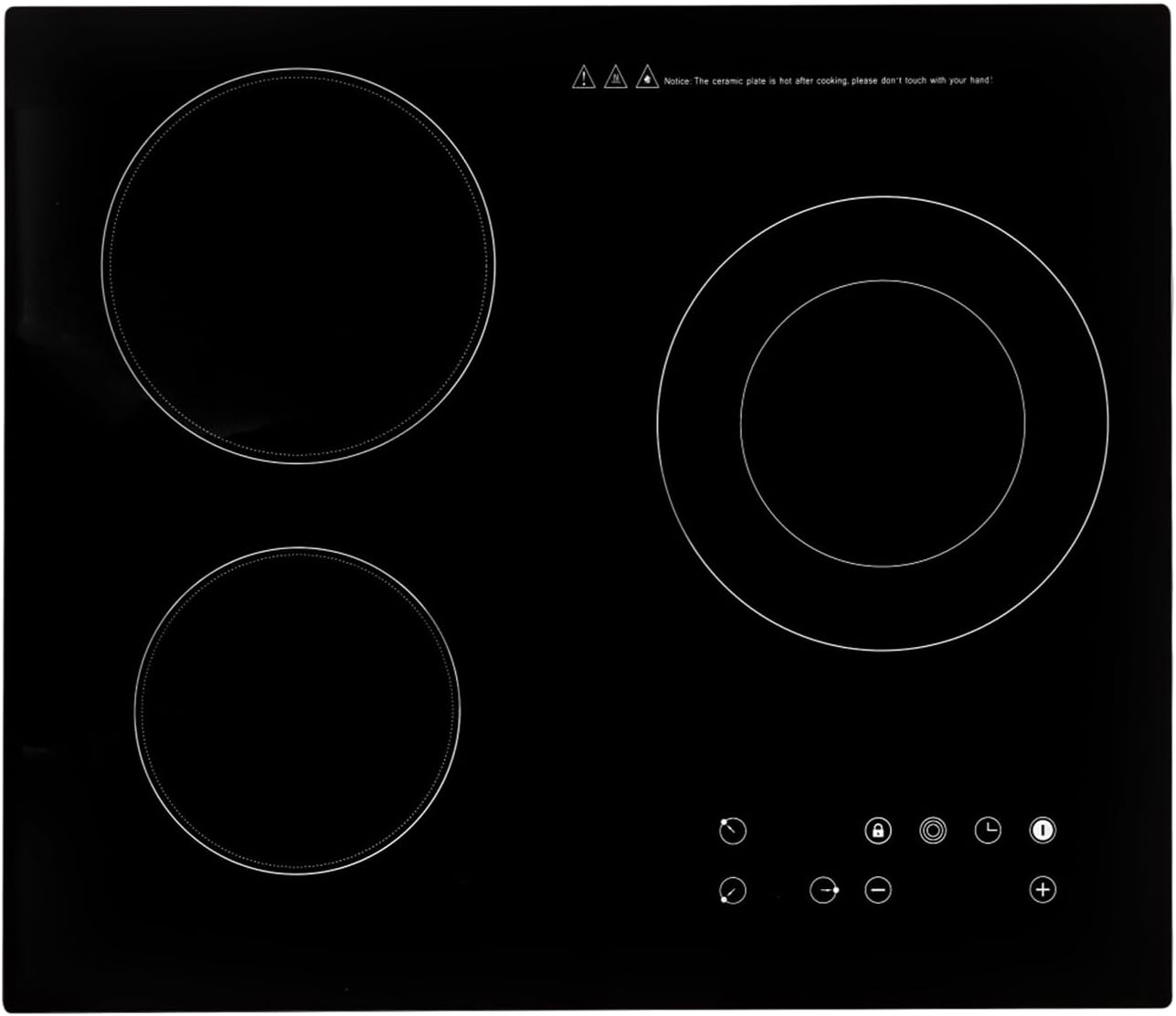 Electric Ceramic Cooktop 24 Inch, 3 Burners Electric Stove Top, 110V 2600W Coutertop & Built-in Kitchen Stove Top with Child Safety Lock & Timer, Touch Control Electric Cooktop (No Plug）