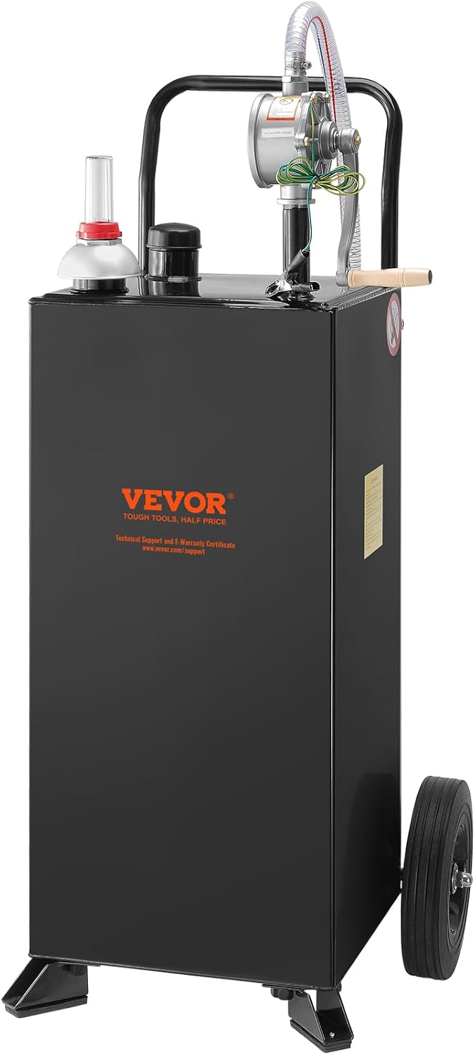 VEVOR 30 Gallon Gas Caddy - Portable Fuel Storage Tank with 2 Wheels & Manual Transfer Pump, Diesel & Gasoline Fuel Container for Cars, Lawn Mowers, ATVs, Boats, Black