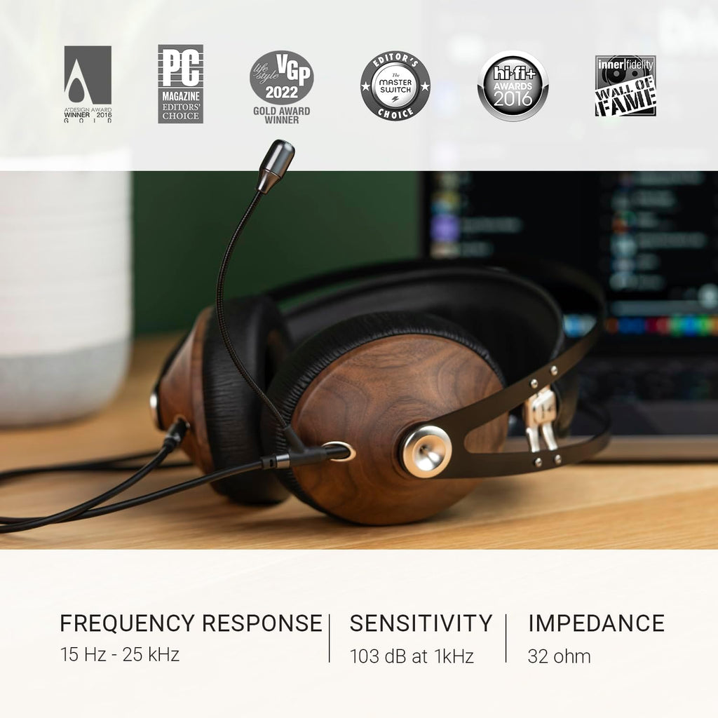 MEZE AUDIO | 99 Classics Walnut Silver & Boom Mic Headset | Wired Over-Ear Headphones with Boom Microphone and Self Adjustable Headband | Closed-Back Headset for Gaming | Remote Work | Audiophiles