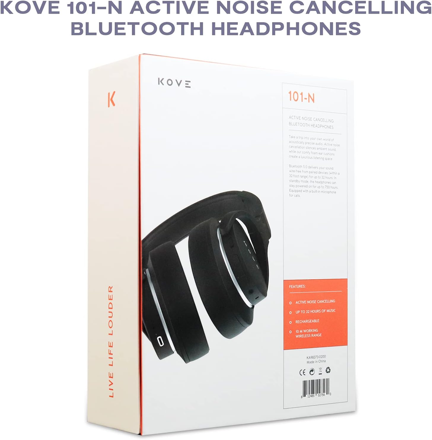 KOVE 101-N Active Noise Cancelling Headphones - Wireless Over-Ear Bluetooth Headphones, 200H Stand-by Time, Hi-Res Audio, Deep Bass, Memory Foam, for Travel, Home and Office - Built-in Microphone