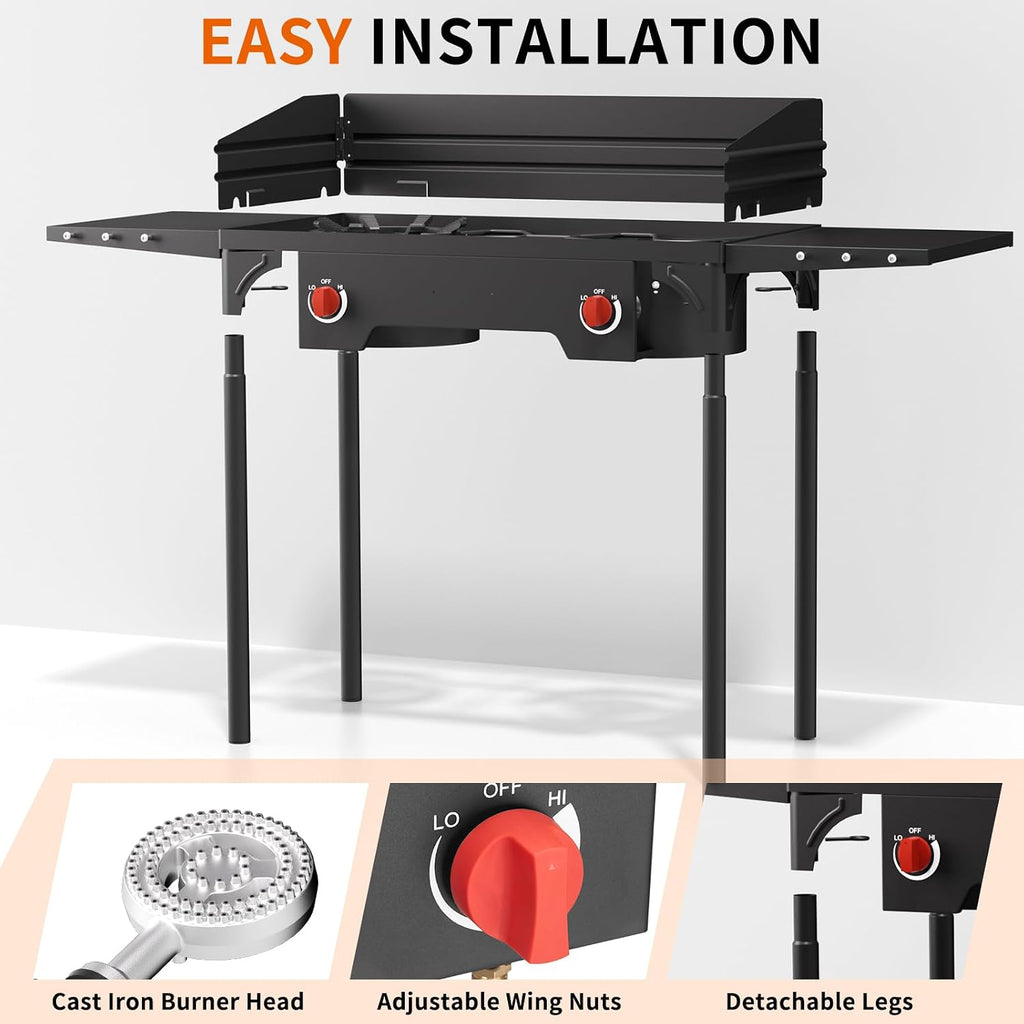 SKOK 2 Burners Camping Propane Stove with Wind Panel&Side Shelves, Portable Gas Stove, Outdoor Stove for Camping, Backyard, Picnic