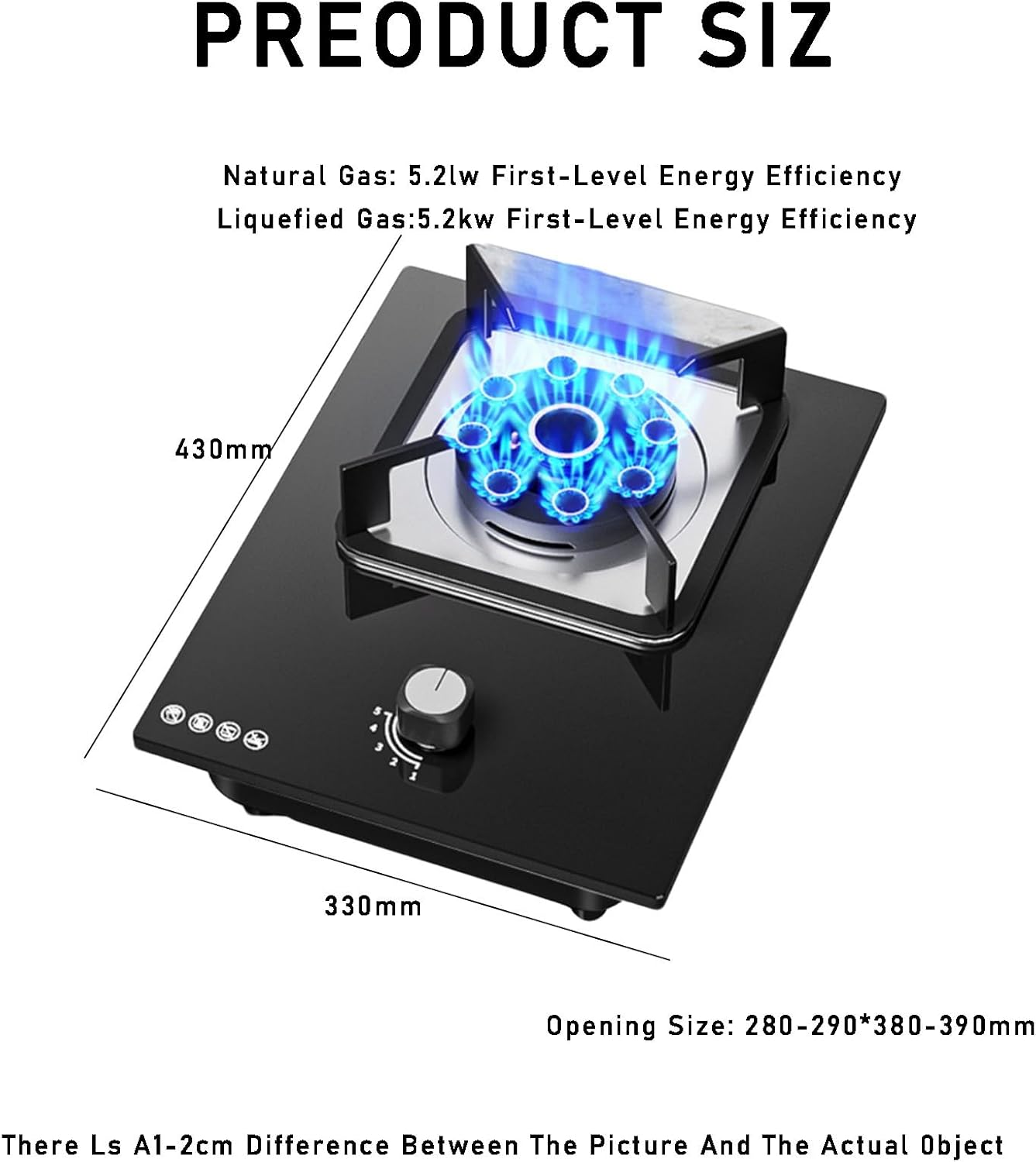 Gas Cooktop, Single Burner Stove Tempered Glass Portable Gas Stove,5.2kw 9 Cavity Camping Single Burner,for Apartment Outdoor(LPG)