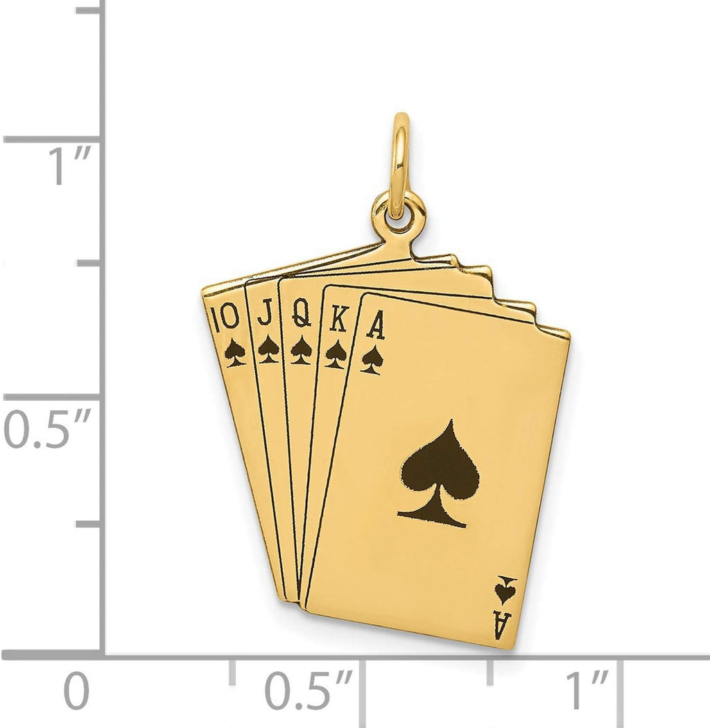 14k Yellow Gold Enameled Royal Flush Playing Cards Charm, Poker Pendant | 26 x 18 mm size, black enamel accents, polished solid flat-back design, themed poker card charm