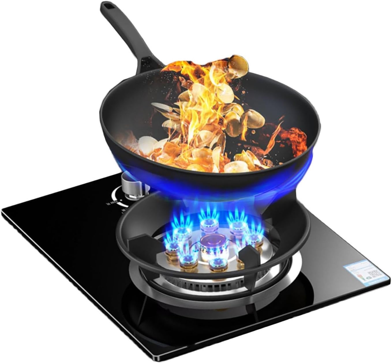 Gas Cooker 1 Burner,5.2KW 9-Chamber Fire Ring Frying Pan,Tempered Glass Cooktop with Flame Out Protection,NG/LPG Gas Conversion(LPG)