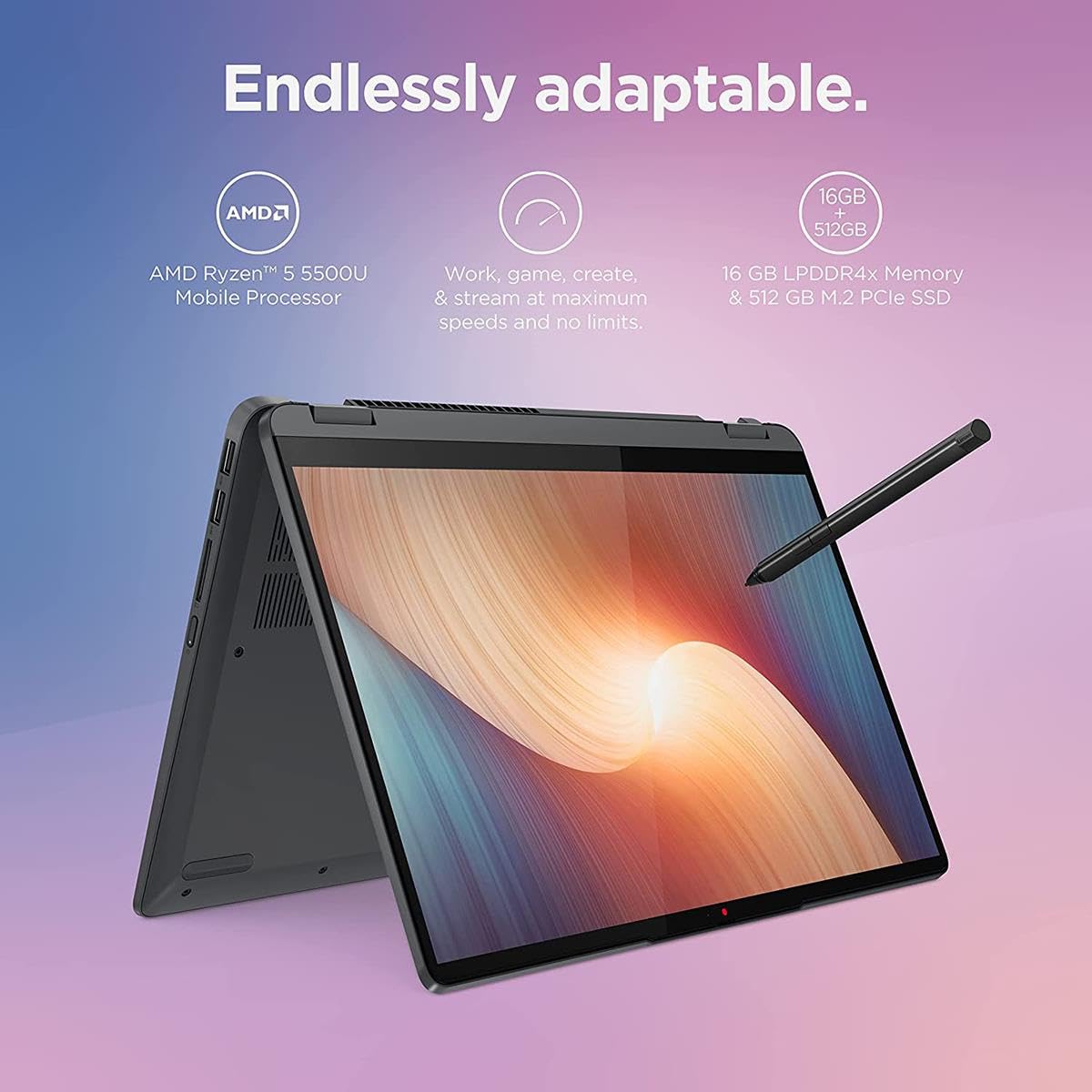 Lenovo Flex 5 Laptop, 14.0' FHD Touch Display, AMD Ryzen 5 5500U, 16GB RAM, 512GB Storage, AMD Radeon Graphics, Windows 11 Home, Storm Grey
