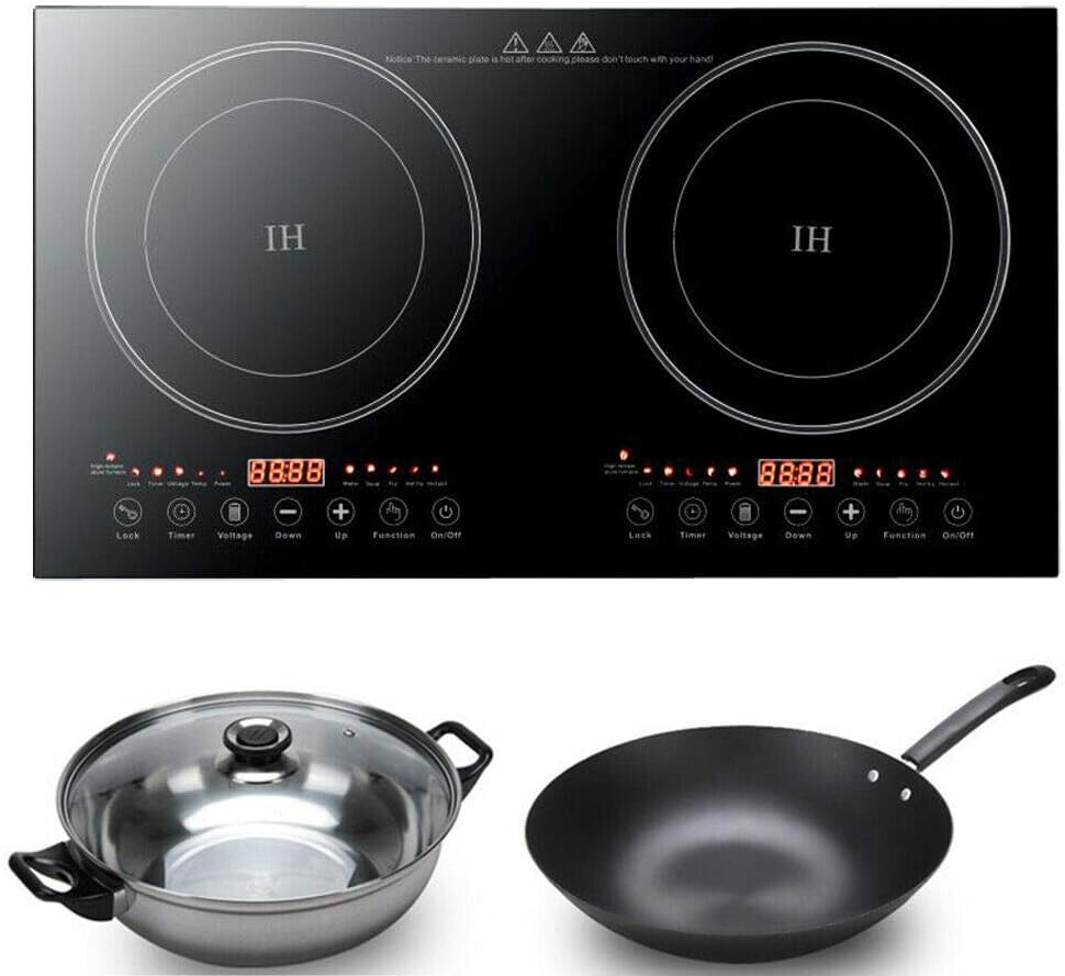 1200W Double Induction Cooktop Dual Burner Portable Digital Electric Countertop Burner Touch Sensor Control Multiple Function Black Crystal Panel 8 Gear Firepower 110V