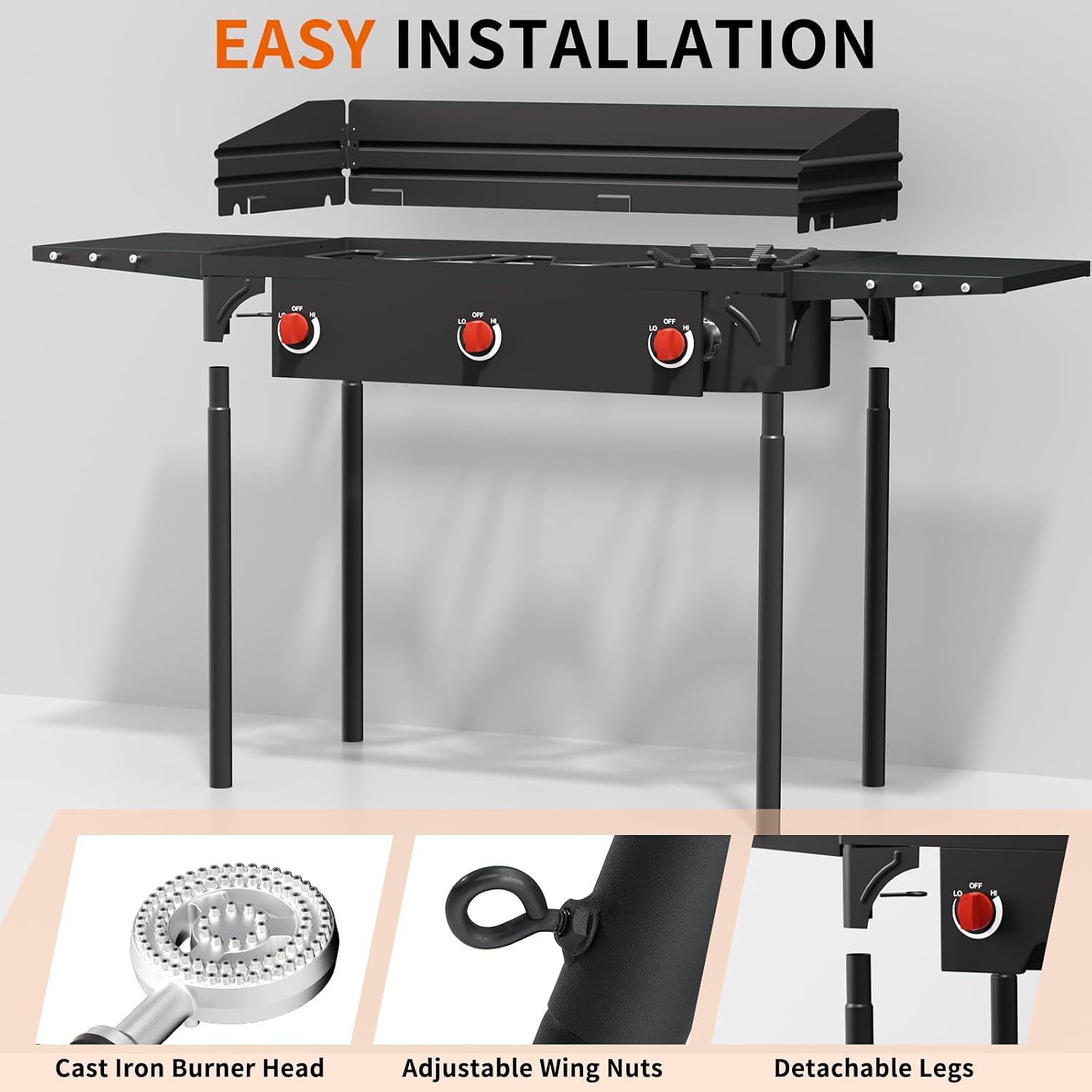 SKOK 3 Burners Camping Propane Stove with Wind Panel&Side Shelves, Portable Gas Stove, Outdoor Stove for Camping