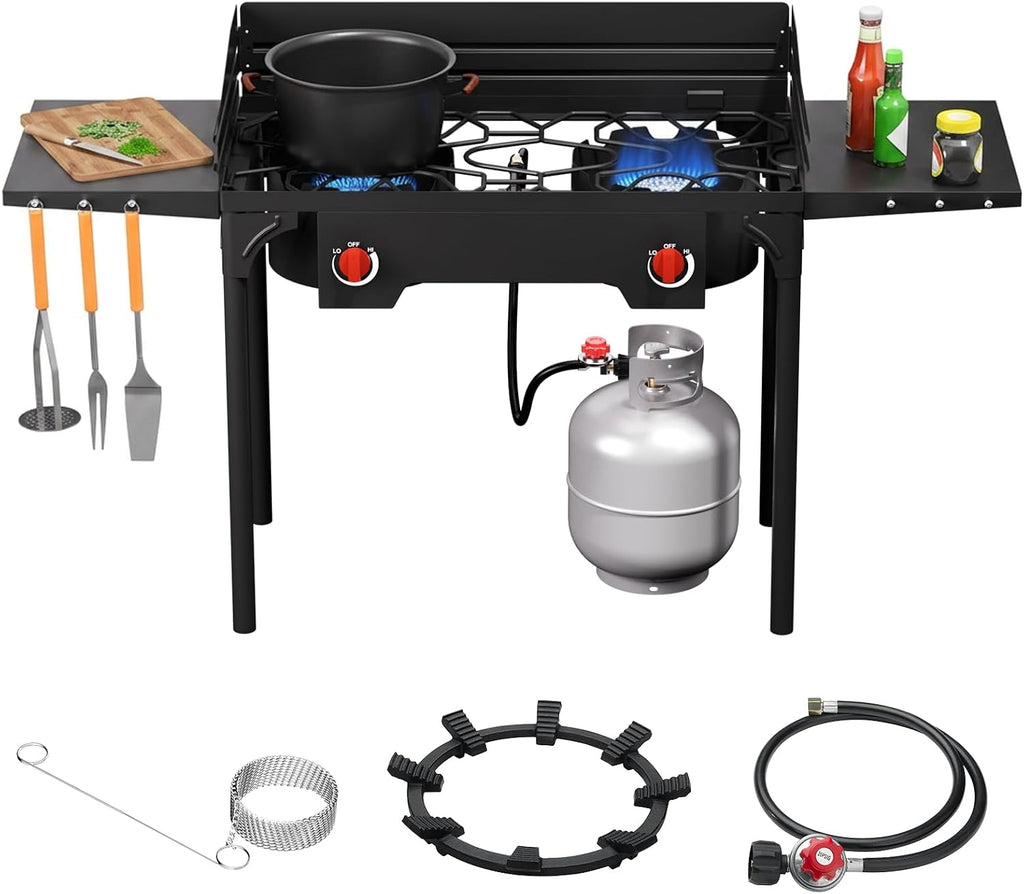 SKOK 2 Burners Camping Propane Stove with Wind Panel&Side Shelves, Portable Gas Stove, Outdoor Stove for Camping, Backyard, Picnic