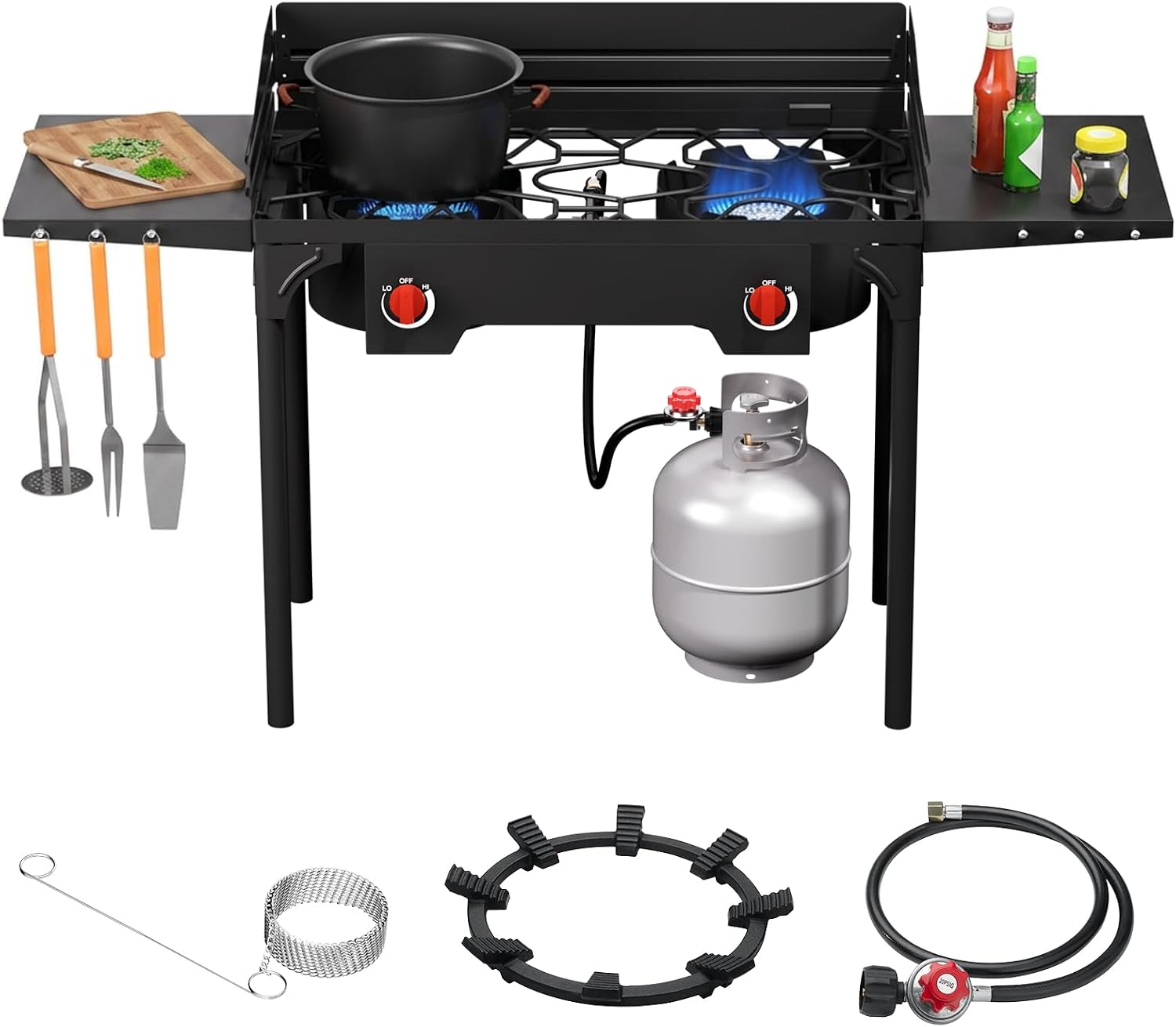 SKOK 2 Burners Camping Propane Stove with Wind Panel&Side Shelves, Portable Gas Stove, Outdoor Stove for Camping, Backyard, Picnic