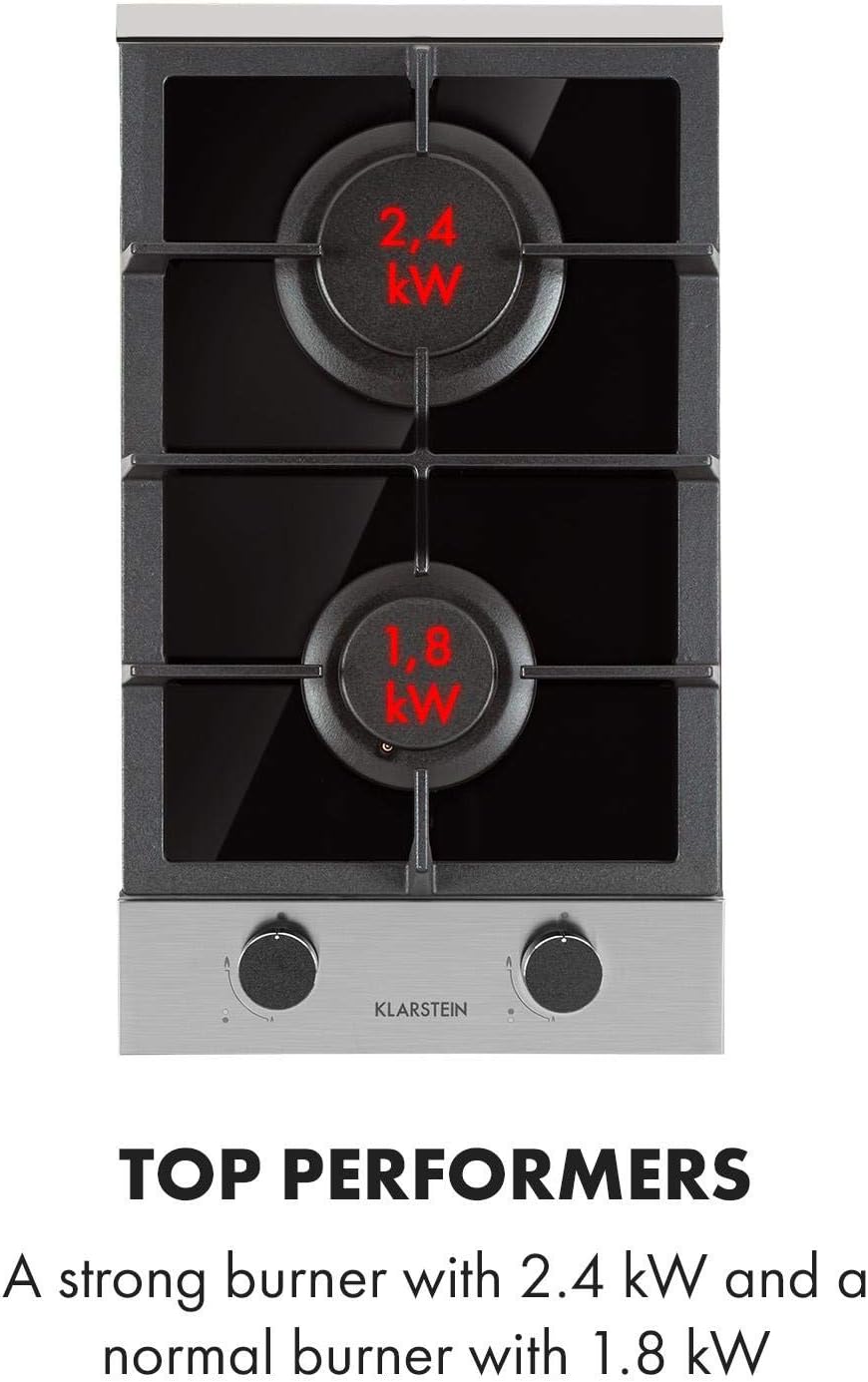 KLARSTEIN Alchemist - Gas Cooktop, 2 Burners, 12 Inches Elegant Gas Stove, Stainless Steel, Built in & Self-Sufficient, Natural/Butane Gas, Automatic Switch-off, Glass Ceramic, Black