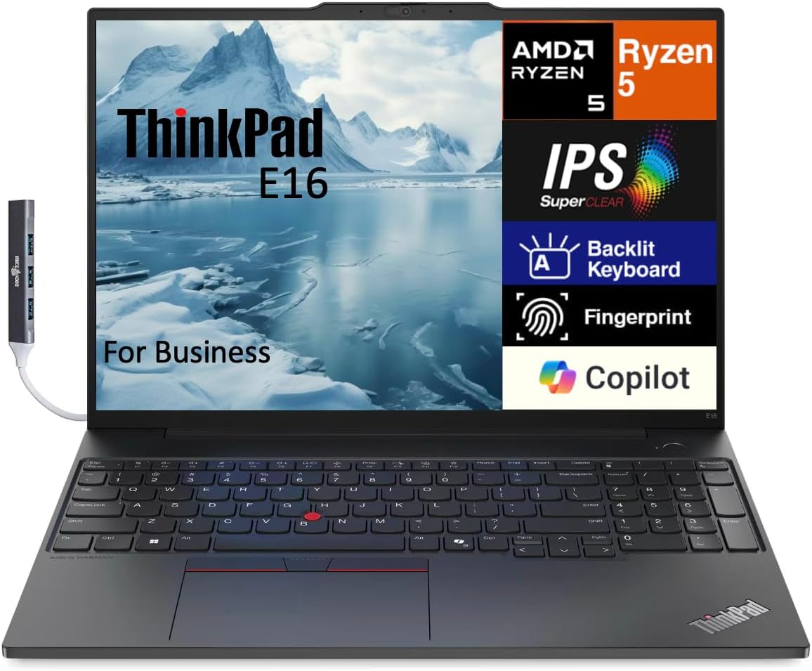 Lenovo ThinkPad E16 Business Laptop 16.0' WUXGA IPS Display 300 nits (AMD Ryzen 5 7535U 6-Core, 16GB RAM, 256GB PCIe SSD, AMD Radeon, Backlit KYB, FP, WiFi 6, Win11Pro) w/Dockztorm Hub