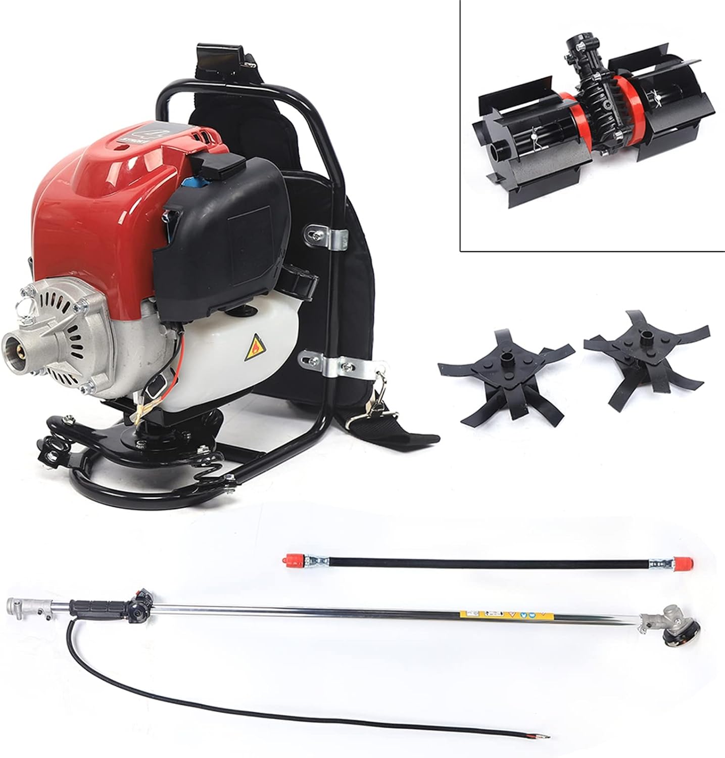 Backpack Gas Garden Brush Cutter Tiller, 3 in 1 35.4CC 4 Stroke Lawn Mower Brush Cutter Grass Hedge Trimmer, Cultivator Lawn Mower for Farmland Weeding Harvesting Clearing Ditching (4-stroke)