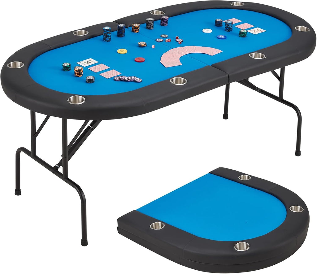 ECOTOUGE 8 Players Poker Table Foldable, Poker Gaming Table w/Portable Storage Bag & Stainless Steel Cup Holder, Folding Oval Texas Holdem Table for Blackjack, Casino Game, Fully Assembled, Blue