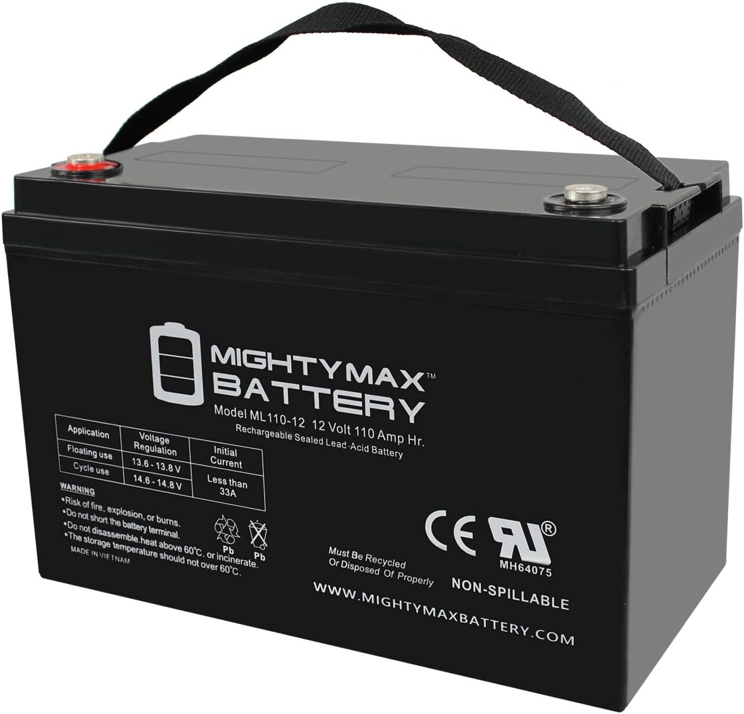 ML110-12 - 12 Volt 110 AH, Internal Thread (INT) Terminal, Rechargeable SLA AGM Battery