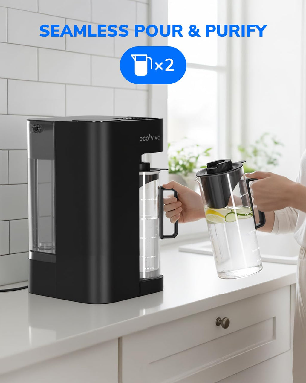 Ecoviva Mate 3 Countertop Reverse Osmosis Water Filter with 2 Auto-Fill Pitchers, 8-Stage RO Filtration System, Installation-Free, Reduces TDS, 3:1 Pure-to-Drain Ratio, Home & Kitchen, Black