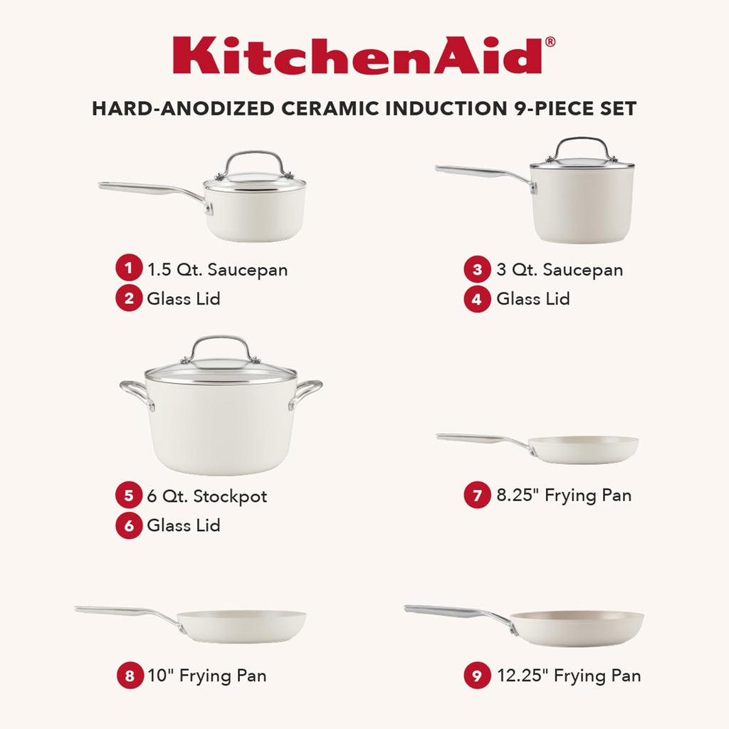 KitchenAid Hard Anodized Ceramic Induction Nonstick Pots and Pans with Saucepans, Frying Pans, Stockpot, and Lids, Dishwasher Safe, 9 Piece Cookware Set with Stainless Steel Handles - Porcelain White