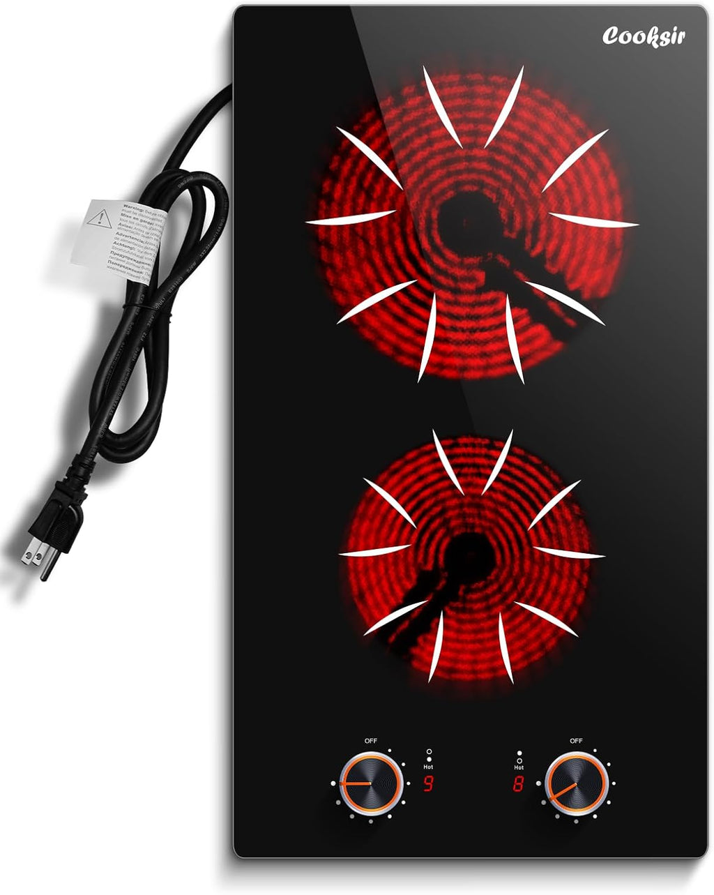 Electric Cooktop 2 Burner - 12 Inch 2000W Electric Stove Built-in & Countertop, Two Burner Ceramic Cooktop with Knob Control, 9 Power Level, Over Heat Protection, 110-120V Plug in (Red Konb)