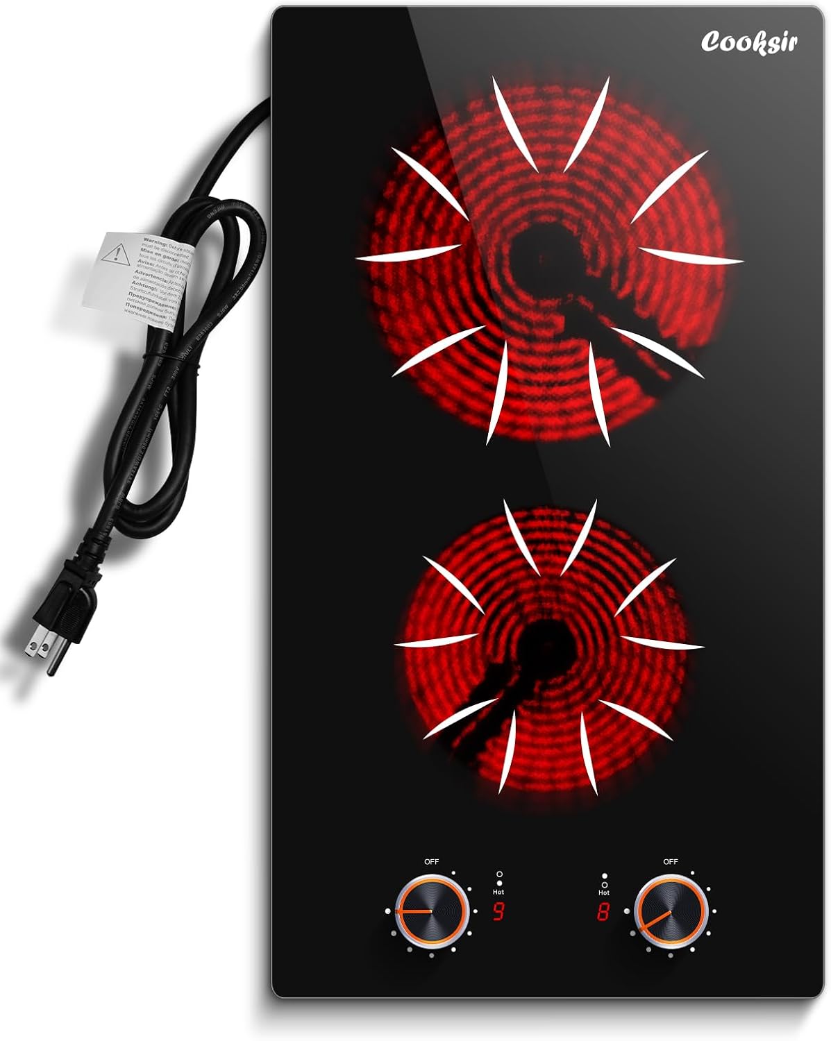 Electric Cooktop 2 Burner - 12 Inch 2000W Electric Stove Built-in & Countertop, Two Burner Ceramic Cooktop with Knob Control, 9 Power Level, Over Heat Protection, 110-120V Plug in (Red Konb)