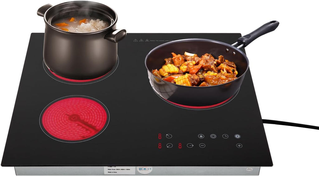 Electric Ceramic Cooktop 3 Burners Desktop and Built-In Stove Top with Timer and Touch Control, 800W+600W+1200W Cooktops 110v Ceramic Cooker Heater with 9 Level Temperature Setting for Kitchen Cooking