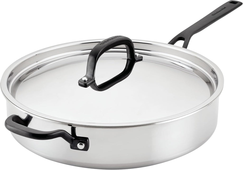 KitchenAid 5-Ply Clad Stainless Steel Stainless Steel Induction Saute Pan with Lid, 5 Quart - Polished Stainless Steel