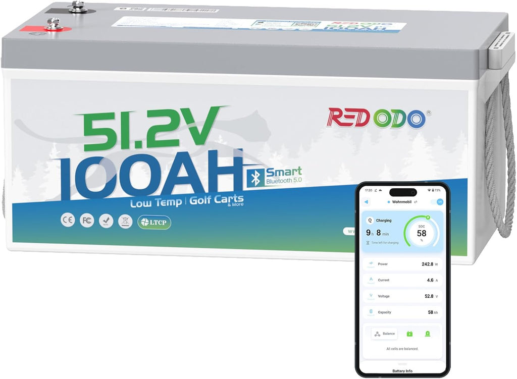 Redodo 48V 100Ah Lithium Golf Cart Battery, Smart 200A BMS, Bluetooth & Low-Temp Protection, 4000+ Deep Cycles LiFePO4 Battery, Max 20.48kW Power Output, Perfect for Golf Carts